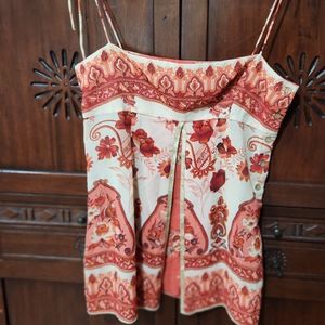 GUESS CREAM MAROON FLORAL TANK TOP WITH SHEER BOTTOM MEDIUM